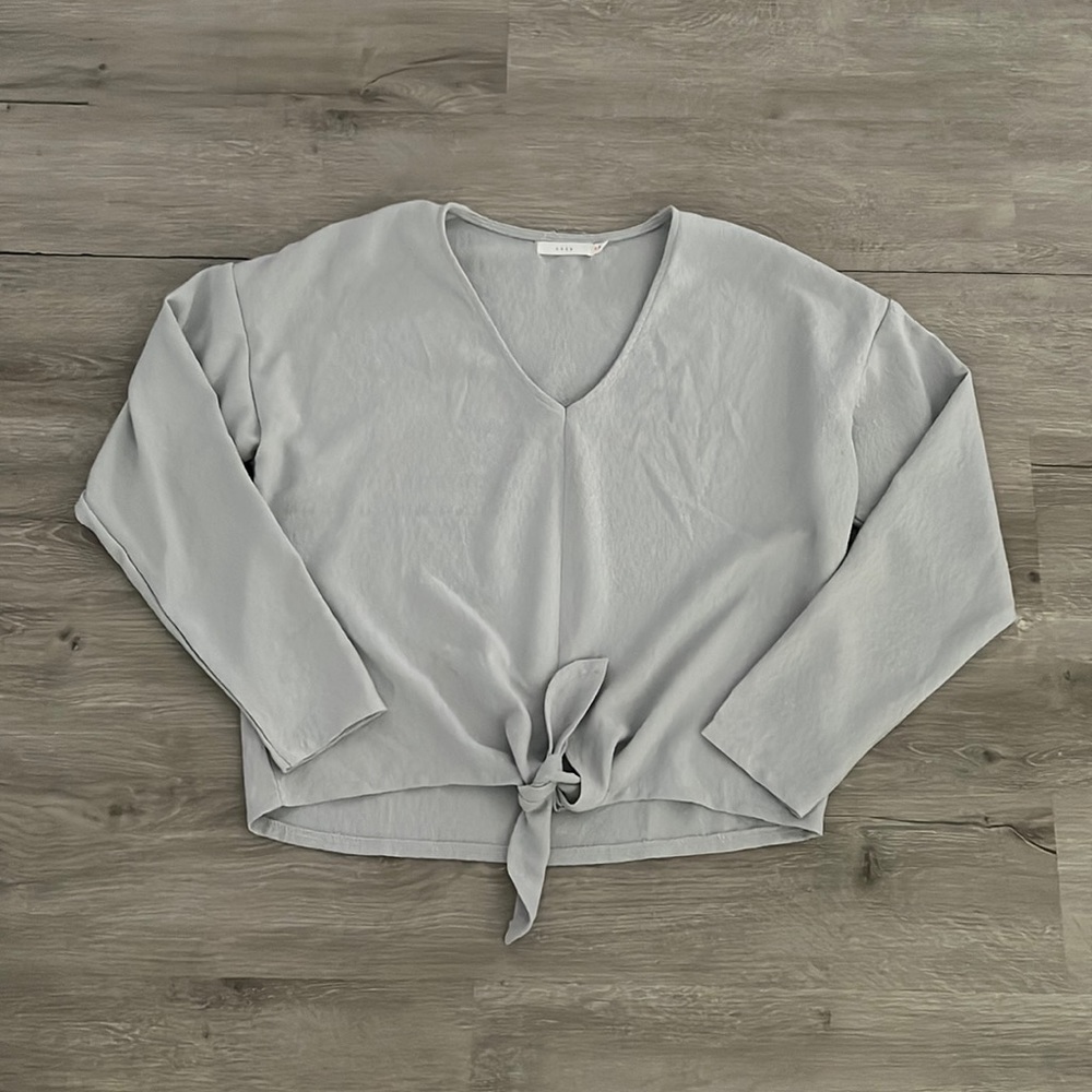 Lush | Grayish Blue Tie Front Blouse